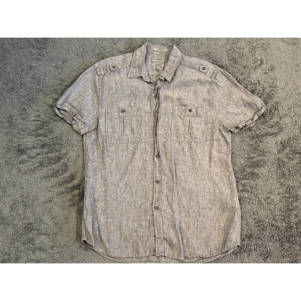 Le Chateau Linen Shirt Mens Large Gray Short Sleeve Button Casual Tailored Fit